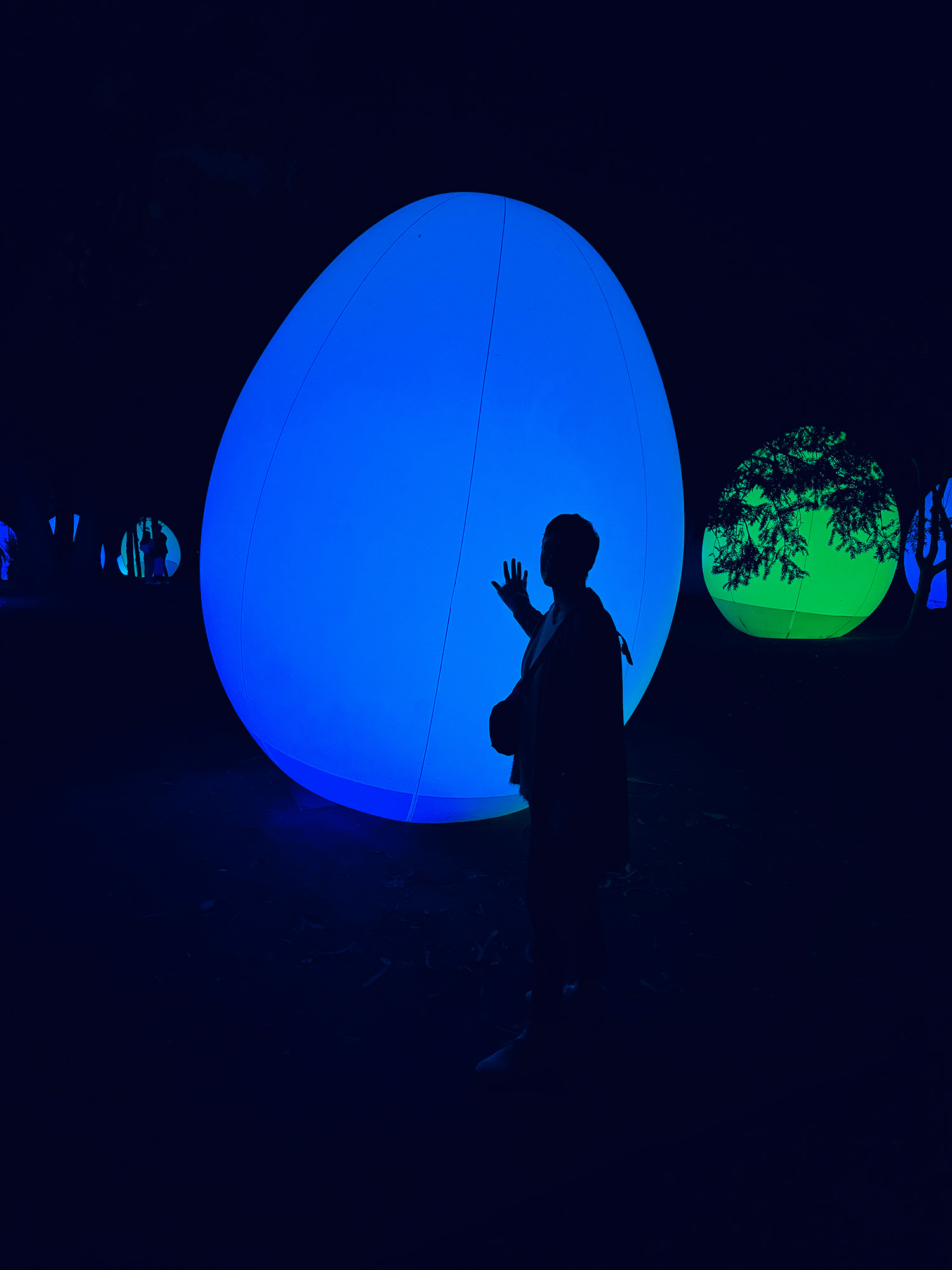 A silhouetted woman against a glowing blue orb