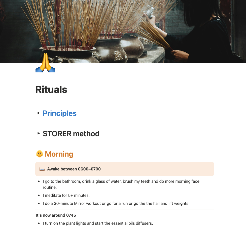A notion page showing morning rituals documented as a bullet list