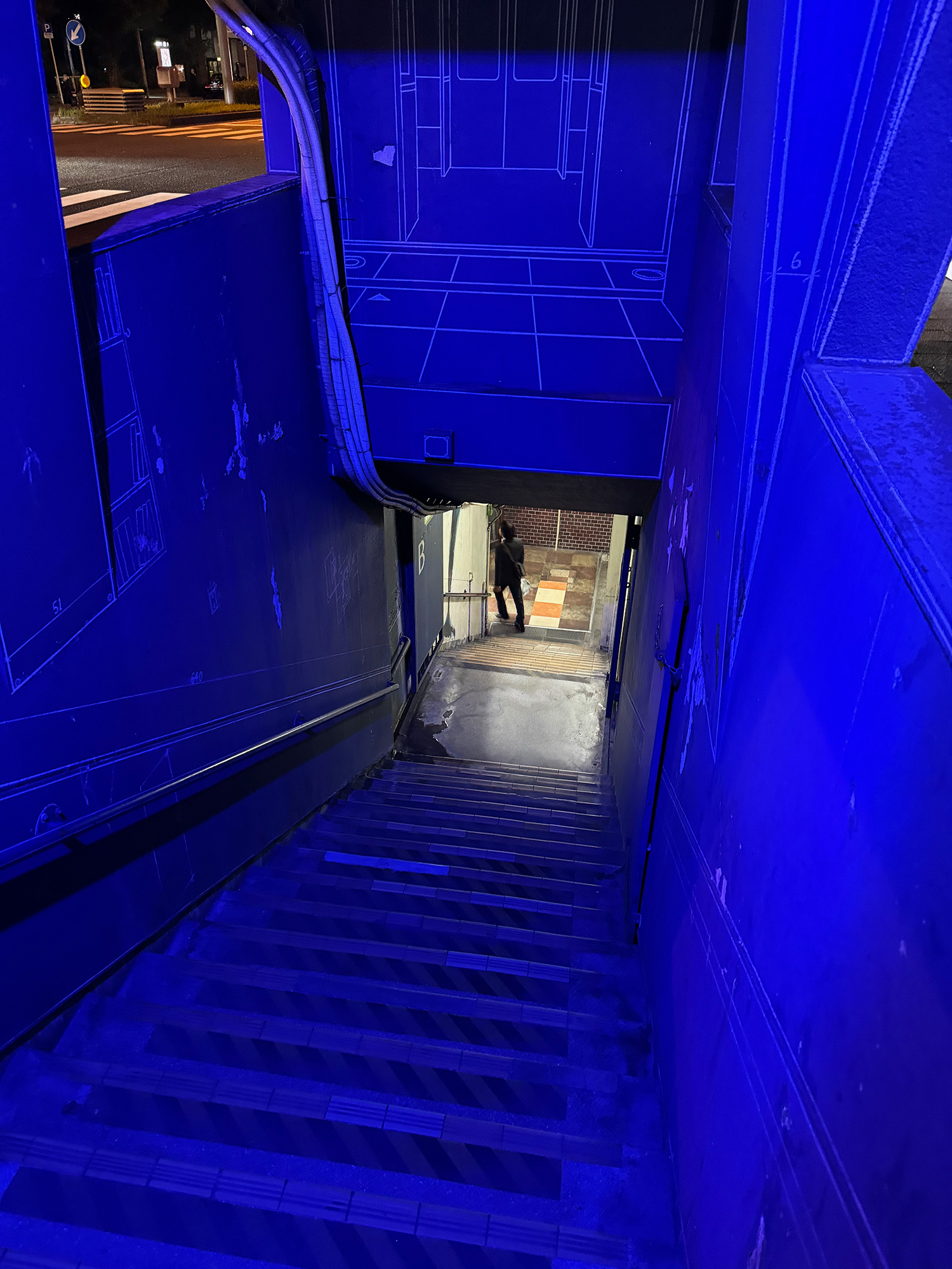 A blue stairway upside-down
